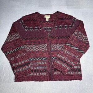 Vintage St Johns Bay Maroon Fair Isle Wool Acrylic Blend Full Zip Sweater Medium